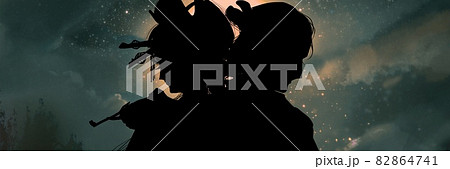 吉原の煙管をふかす花魁と武士の間男若侍の影絵と怪しく漂う雲と夜空のイラスト 82864741