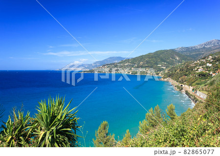 View from Ventimiglia hill on Monaco across Calandre beach, Liguria 82865077