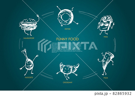 Funny food - hamburger, nuggets, croissant, pizza, fries, fritter vector concept set 82865932