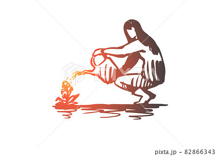Woman, watering, flower, plant, gardening concept. Hand drawn isolated vector. Woman, watering, flower, plant, gardening concept. Hand drawn isolated vector. 82866343