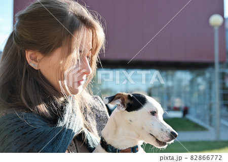 young woman wearing coat embracing her dog while sitting on a bench in a city. jack russel terrier on woman's knees looking aside. pet care, walking together and resting outdoors. young woman wearing coat embracing her dog while sitting on a bench in a city. jack russel terrier on woman's knees looking aside. pet care, walking together and resting outdoors. 82866772