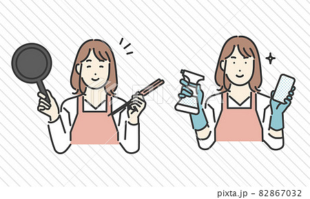フライパンを持って調理する女性と掃除用具を手に持って掃除をする女性のイメージイラスト素材 フライパンを持って調理する女性と掃除用具を手に持って掃除をする女性のイメージイラスト素材 82867032