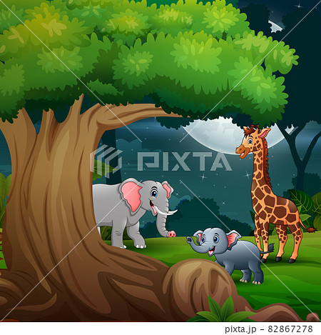 Cartoon elephants and giraffe in the jungle at... - Stock Illustration  [82867278] - PIXTA