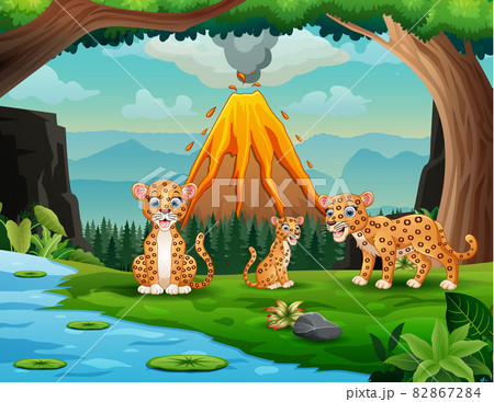 Volcano erupting with leopard family by the river 82867284