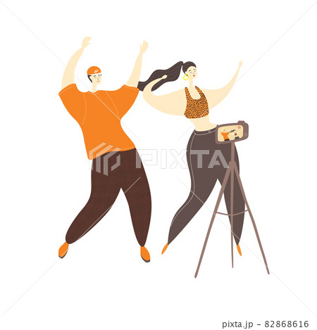 Teenagers are filming dance video. Bloggers dance on a camera to the music. Social media challenge. Vector 82868616