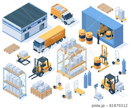 Isometric storage buildings, cargo trucks and warehouse workers. Industrial warehouse equipment, logistic delivery service vector illustration set. Warehouse storage elements 82870312