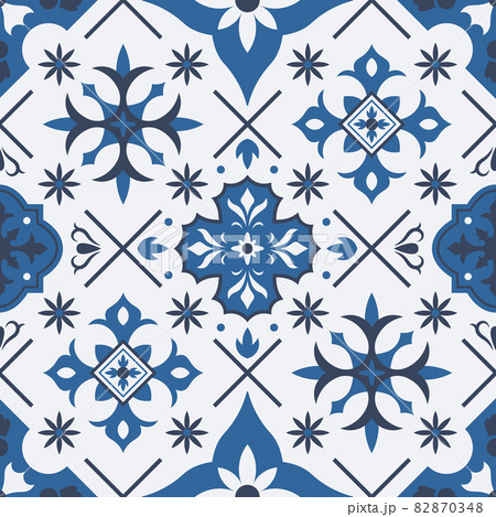Traditional azulejo, talavera mediterranean ceramic tile seamless pattern. Porcelain ceramic ethnic ornament tile vector background illustration. Patchwork tile pattern 82870348