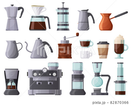 Coffee machines, french press, cezve, pot, aeropress and espresso machine. Coffee brewing tools, cups and coffee pots vector illustration set. Hot drink coffee elements Coffee machines, french press, cezve, pot, aeropress and espresso machine. Coffee brewing tools, cups and coffee pots vector illustration set. Hot drink coffee elements 82870366