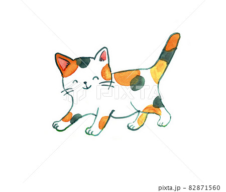 水彩 笑顔で走る猫のイラストのイラスト素材