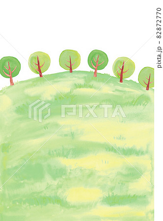 水彩 丘と木の手描きイラスト 縦のイラスト素材
