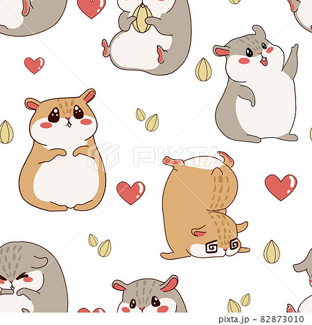 Hamster pattern. Cartoon seamless texture with funny fluffy pet. Home happy animal print for kids wallpaper. Rodent character with kawaii emotion expressions. Vector chipmunk background 82873010