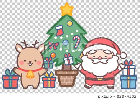 クリスマスツリーとサンタクロースとトナカイ 82874302
