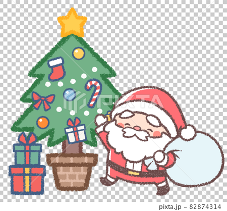 クリスマスツリーとプレゼントの袋を持つサンタクロース 82874314