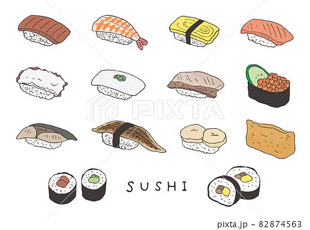 いろんなお寿司の手描きイラスト（カラー） 82874563