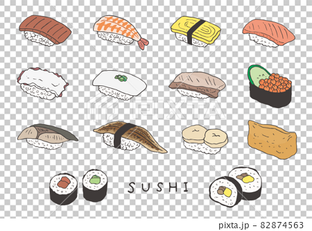 いろんなお寿司の手描きイラスト カラー のイラスト素材
