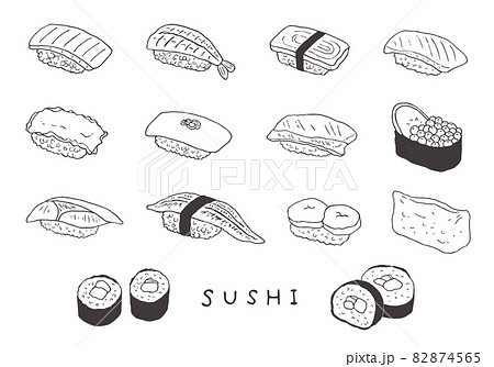 いろんなお寿司の手描きイラスト モノクロ のイラスト素材
