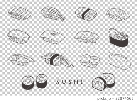 Hand-drawn illustrations of various sushi (monochrome) 82874565