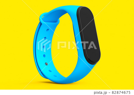 Blue fitness tracker or smart watch with heart rate monitor isolated on yellow background. 3d render of sport equipment for active training and wearable device. Blue fitness tracker or smart watch with heart rate monitor isolated on yellow background. 3d render of sport equipment for active training and wearable device. 82874675