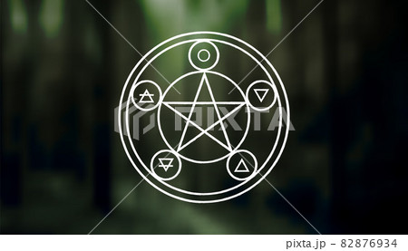 Pentagram ancient pagan symbol of five-pointed star isolated vector illustration on dark forest background Pentagram ancient pagan symbol of five-pointed star isolated vector illustration on dark forest background 82876934