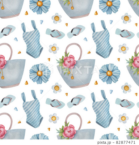 Seamless watercolor pattern with swimwear, flower, summer bag and flip flop on white background. Ideal for postcards, greeting cards, wrapping and other design. Seamless watercolor pattern with swimwear, flower, summer bag and flip flop on white background. Ideal for postcards, greeting cards, wrapping and other design. 82877471