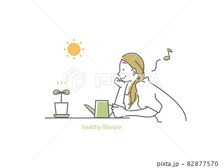 鼻歌を歌いながら笑顔で植物に水をやる女性　シンプルでお洒落な線画イラスト 82877570