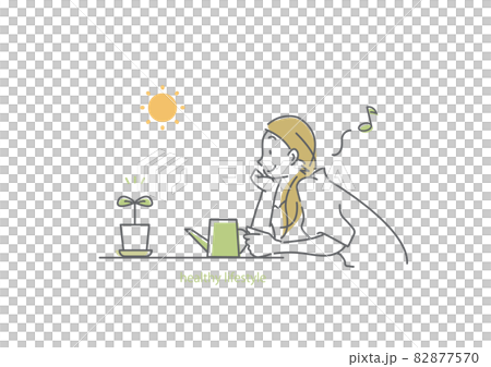 鼻歌を歌いながら笑顔で植物に水をやる女性　シンプルでお洒落な線画イラスト 82877570