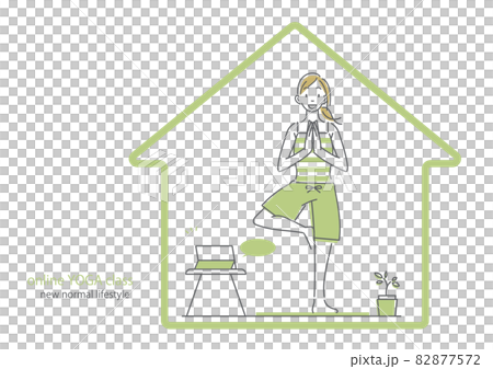 一位女士在家上在線瑜伽課 簡單時尚的線條畫插圖 82877572