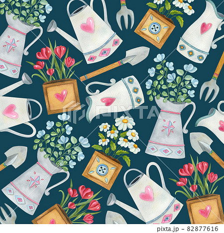 Watercolor background with gardening elements. Bright cartoon illustration of flower compositions, watering can, and jug. Watercolor background with gardening elements. Bright cartoon illustration of flower compositions, watering can, and jug. 82877616