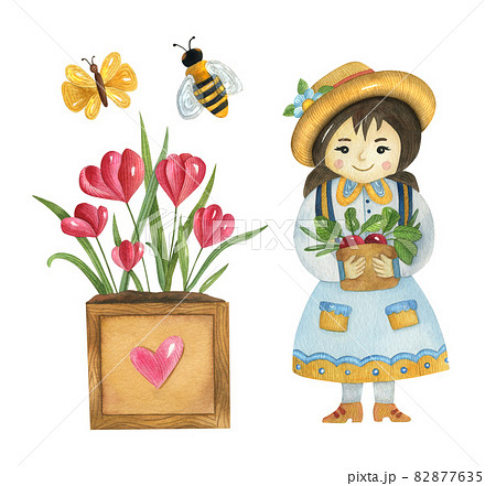 Watercolor gardening set on the light background. Bright hand-painted illustration with a cute girl, insects, and flowers. Watercolor gardening set on the light background. Bright hand-painted illustration with a cute girl, insects, and flowers. 82877635
