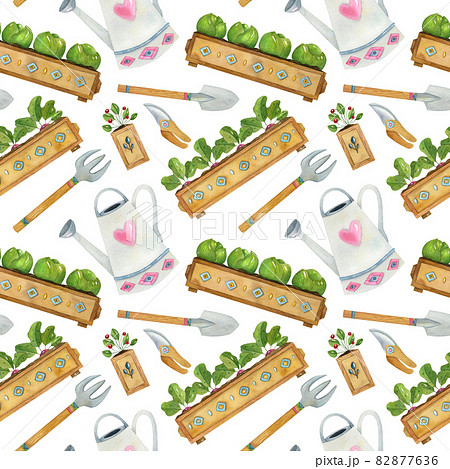 Watercolor seamless pattern with gardening elements on the light background. Bright cartoon illustration of tools, watering can, and seedlings. Watercolor seamless pattern with gardening elements on the light background. Bright cartoon illustration of tools, watering can, and seedlings. 82877636