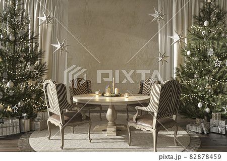 Christmas tree with toys and gifts decorate modern interior scandinavian farmhouse style. 3d rendering illustration dining room with table. 82878459