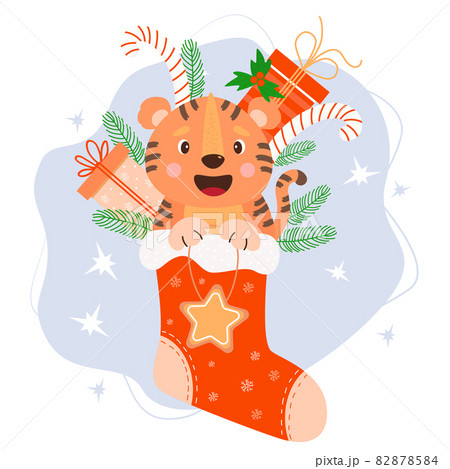 Christmas sock with smiling cute tiger with gifts, gingerbread and striped caramel, and branches of Christmas tree and mistletoe. Winter vector illustration Christmas sock with smiling cute tiger with gifts, gingerbread and striped caramel, and branches of Christmas tree and mistletoe. Winter vector illustration 82878584