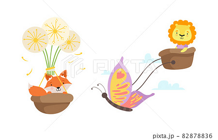 Cute Fox Flying in Basket with Dandelion and Lion with Butterfly Vector Set Cute Fox Flying in Basket with Dandelion and Lion with Butterfly Vector Set 82878836