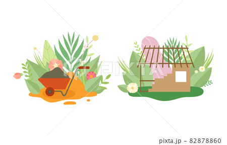 Green City and Eco House Building Among Fresh Flora and Foliage Vector Set Green City and Eco House Building Among Fresh Flora and Foliage Vector Set 82878860