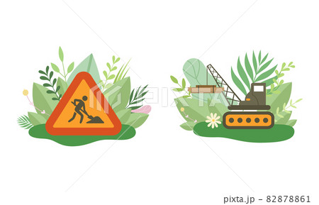 Green City and Eco House Building Among Fresh Flora and Foliage Vector Set Green City and Eco House Building Among Fresh Flora and Foliage Vector Set 82878861