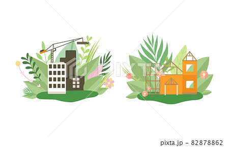 Green City and Eco House Building Among Fresh Flora and Foliage Vector Set 82878862