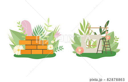 Green City and Eco House Building Among Fresh Flora and Foliage Vector Set Green City and Eco House Building Among Fresh Flora and Foliage Vector Set 82878863
