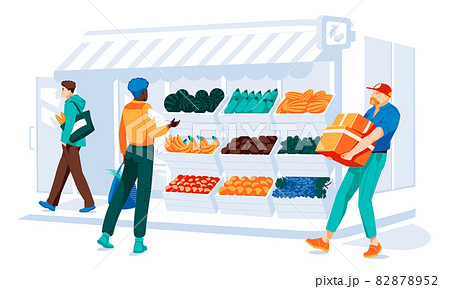 Different people making shopping in grocery store front with window and door. Wooden and brick facade. Small european style shop exterior with wooden boxes of fruits and vegatables.  Flat vector illus 82878952