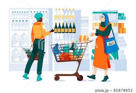 two girls in supermarket with trolley full of goods choosing wine. Showcases, refrigerator, shelves of goods, wooden boxes of vegetables and fruits. Flat vector illustration 82878953