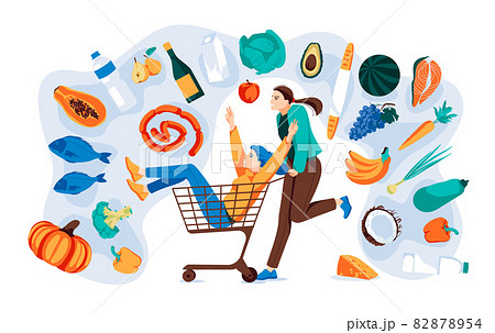 two girls ride in supermarket trolley with many goods, drinks, fresh fruits and vegetables around them. Supermarket and grocery store concept, Flat vector illustration 82878954