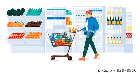guy with trolley in the supermarket . Showcases, refrigerator, shelves of goods, wooden boxes of vegetables and fruits. Flat vector illustration 82878956