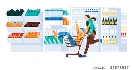 Two girls in a supermarket trolley ride in the supermarket. Showcases, refrigerator, shelves of goods, wooden boxes of vegetables and fruits. Flat vector illustration 82878957