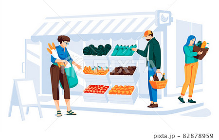 Different people making shopping in grocery store front with window and door. Wooden and brick facade. Small european style shop exterior with wooden boxes of fruits and vegatables.  Flat vector illus 82878959