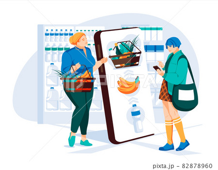 Two young women make a choice in a grocery store using a large screen of a smartphone. Shop windows in the background. Flat cartoon colorfull illustration 82878960