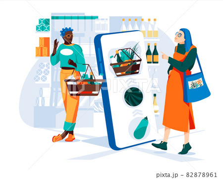 Two young women make a choice in a grocery store using a large screen of a smartphone. Shop windows in the background. Flat cartoon colorfull illustration 82878961