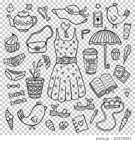Doodle set of female clothes and cute objects - Stock Illustration ...