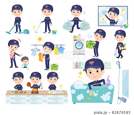 掃除や洗濯など家事に関する郵便配達員男性のセットのイラスト素材