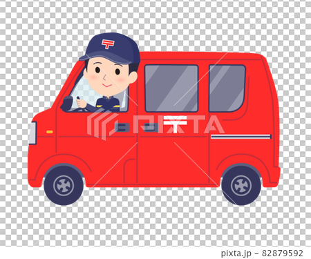 郵便車に乗った郵便配達員女性のセット 82879592
