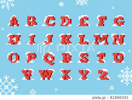 Pixel art Christmas snowy uppercase alphabet font. 8 bit style retro type for merry Christmas and happy new year decoration. Vector red vintage font covered with snow. Isolated letters 82880391