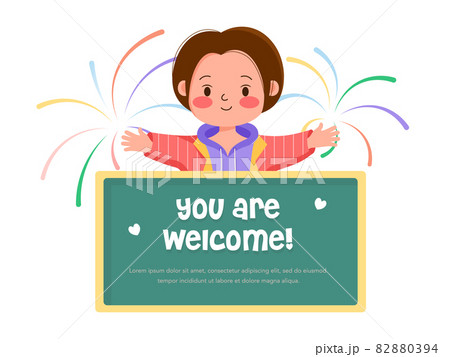 Girl With Fireworks and greeting card with text - you are welcome. Cute female young person with green school board surrounded by fireworks. Vector celebration isolated character on white background. 82880394